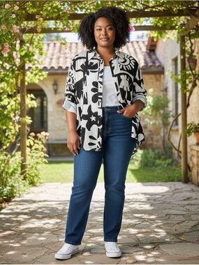Paper Heart Womens L Black White Abstract Print Tunic Oversized Top Boho Matisse